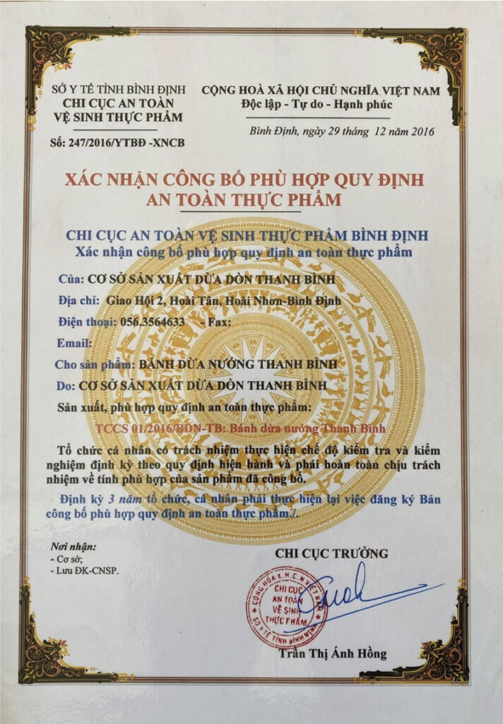Dừa Thanh Bình phù hợp quy định an toàn thực phẩm