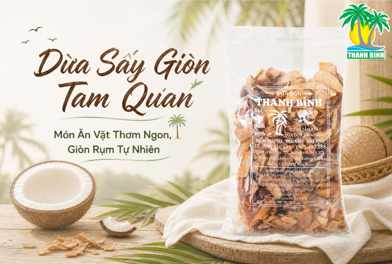 Dừa sấy giòn tam quan Thanh Bình với độ ngọt thanh, hương thơm dịu nhẹ, giòn rôm rốp