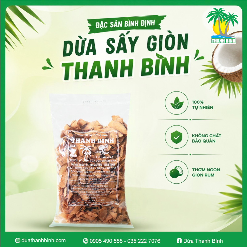 Dừa sấy giòn Thanh Bình là thương hiệu lâu đời tại Bình Định, với hương vị thơm ngon, giòn rụm